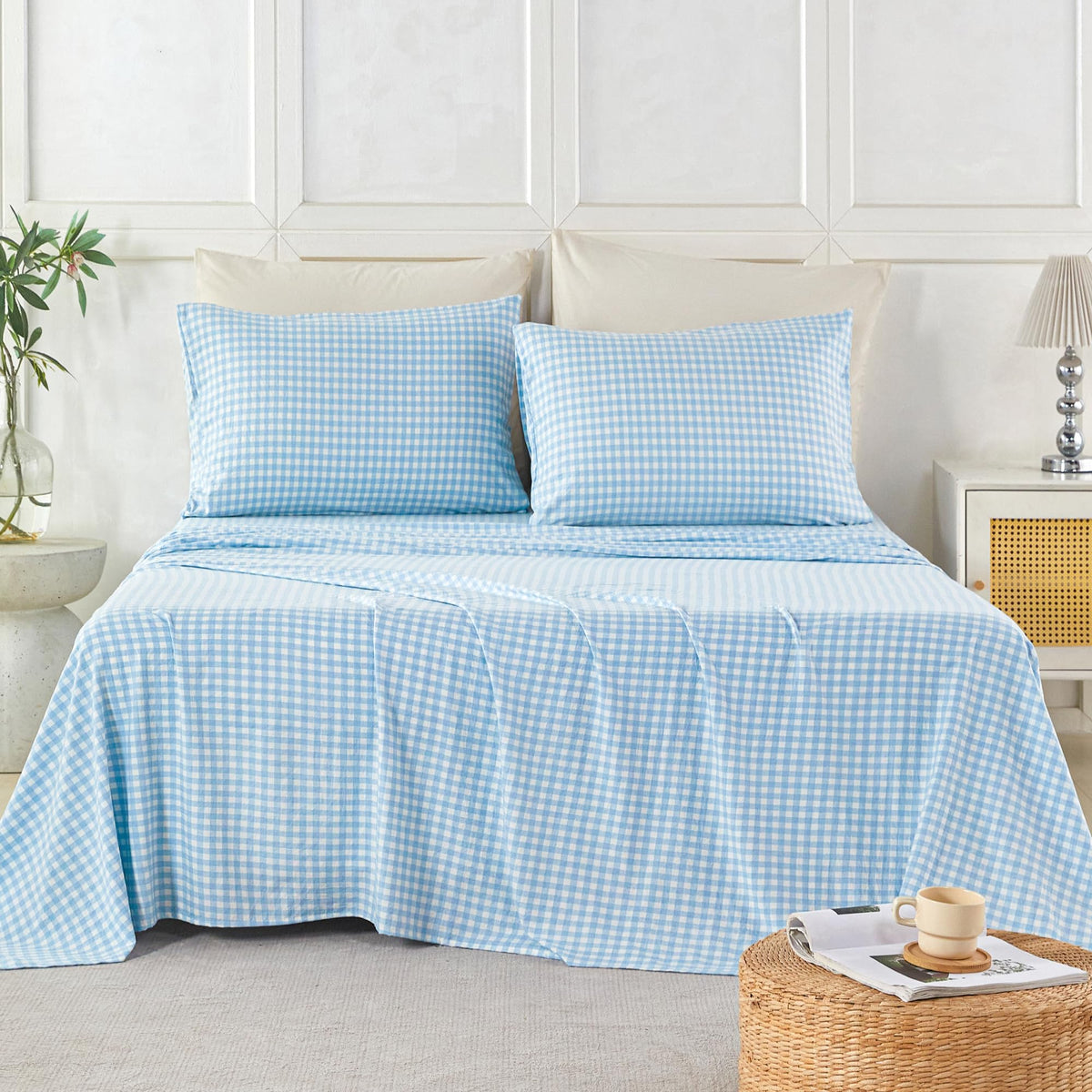 Light Blue Plaid Sheets 4-Piece Set Soft Brushed Microfiber Gingham Bed Sheets 16" Deep Pocket Coastal
