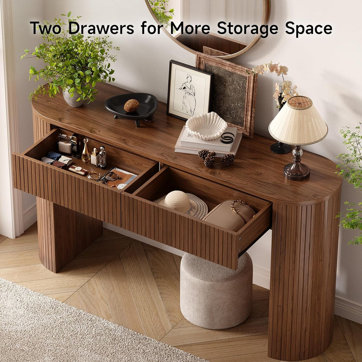 55 Inch Console Table with 2 Drawers, Entryway Tables with Storage,Walnut | Fluted Sofa Table Behind The Couch