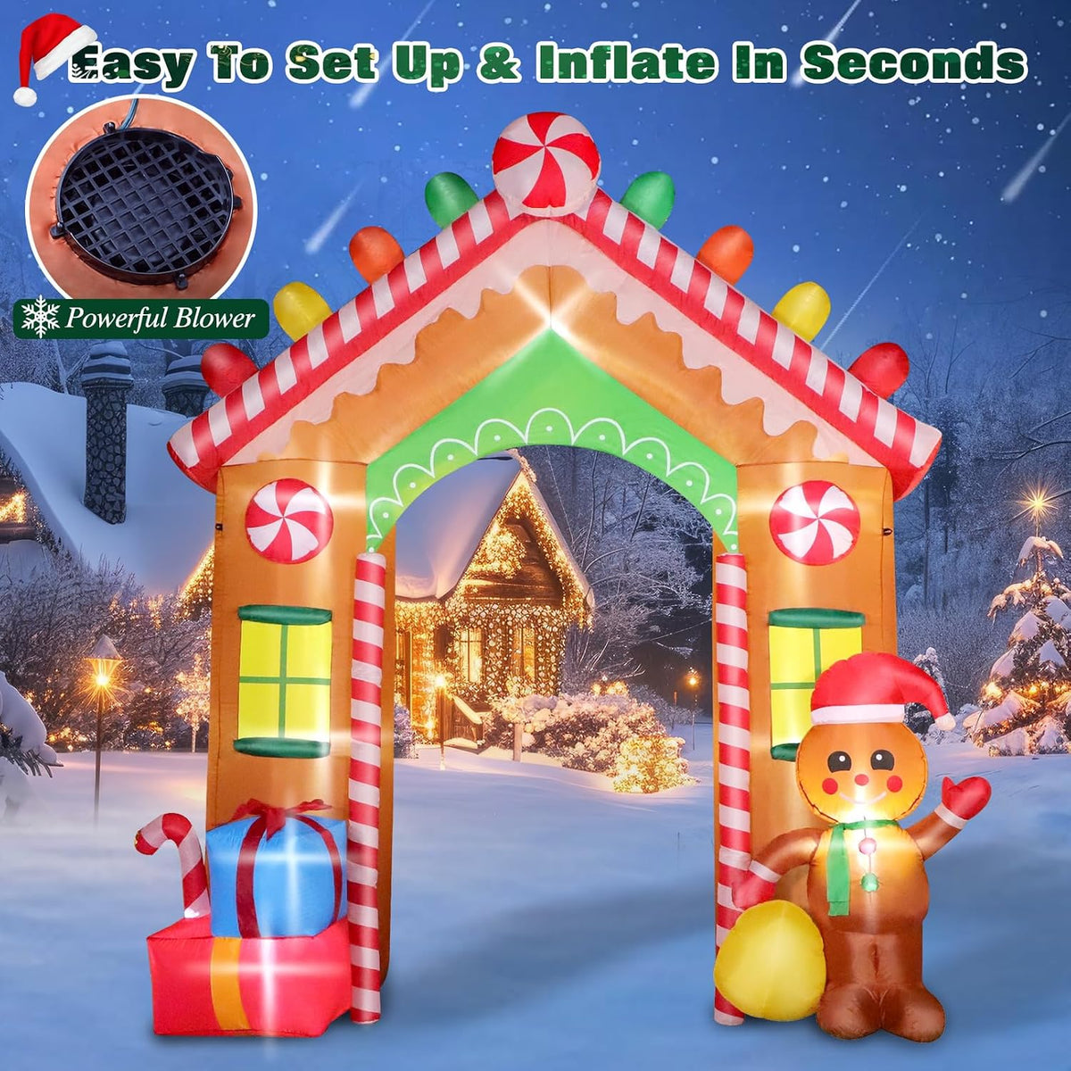 9 FT Christmas Inflatables Archway Outdoor Decorations, Gingerbread Man House Arch Blow Up Yard Decoration with