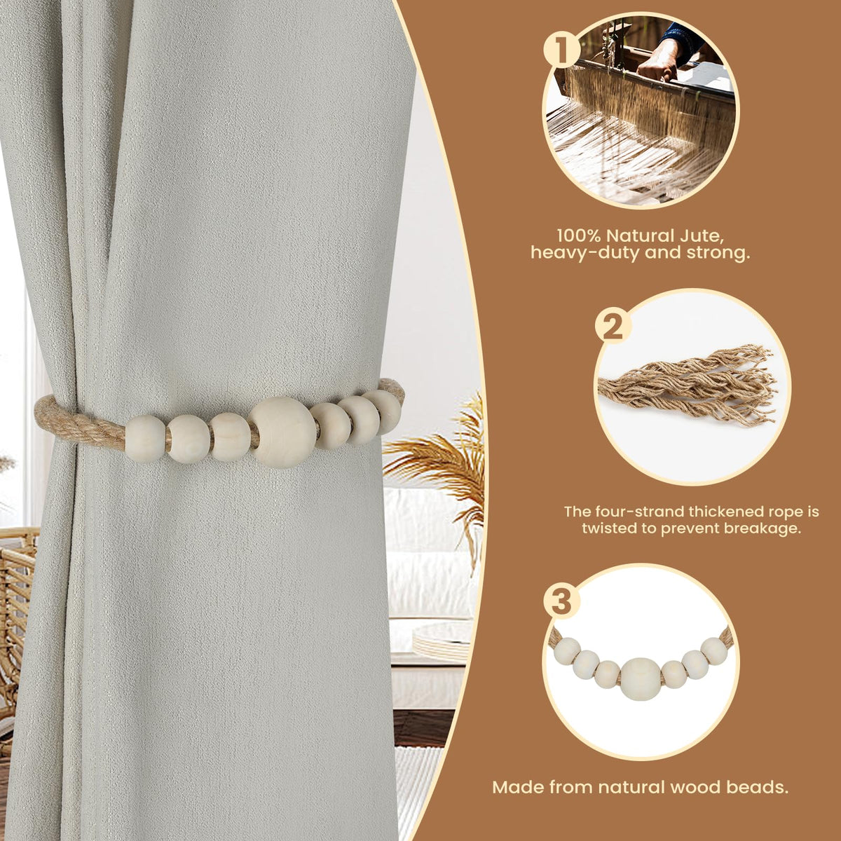 Magnetic Curtain Tiebacks, 6 Pack Wood Bead Curtain Holdbacks, Decorative Curtain Ties for Drapes, Boho Curtain Tie