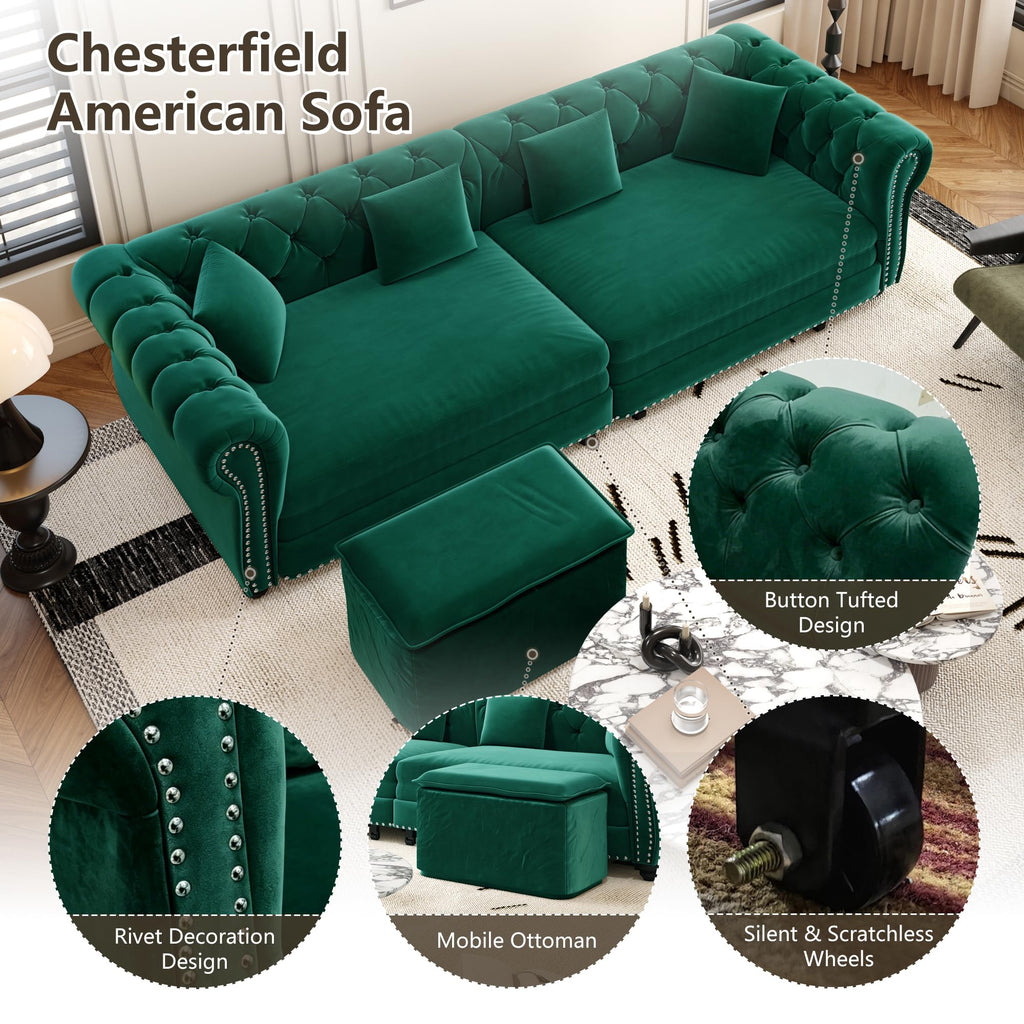 89" King Size Sleeper Sofa Bed, 3-in-1 Convertible Pull Out Chesterfield Sleeper Couch with Ottoman, Oversized Velvet
