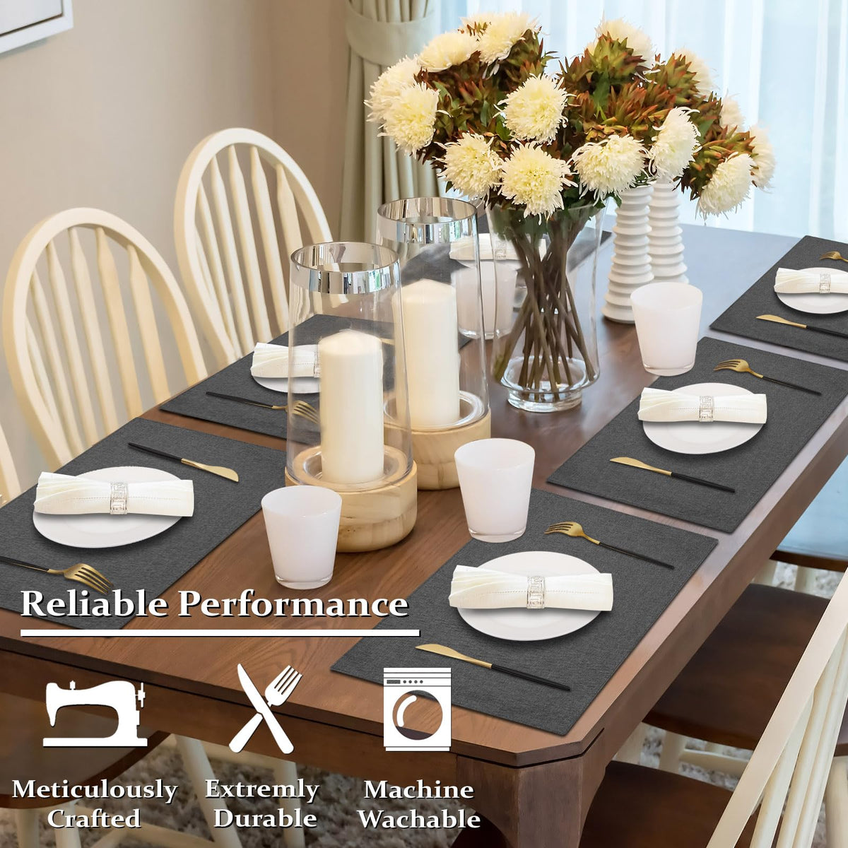 Cloth Placemats Set of 4, Cotton Linen Blend Place Mats, Dark Gray
