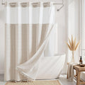 Farmhouse Linen Textured Shower Curtain with Snap-in Liner Set, No Hooks Needed, with Tassels for Rustic Bathroom