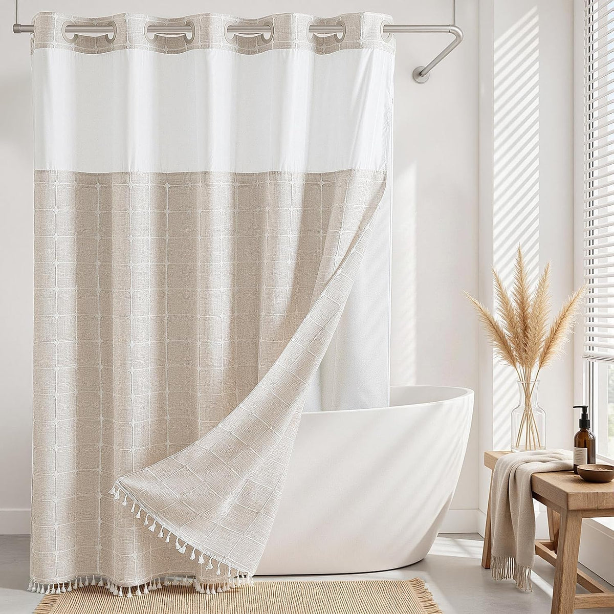 Farmhouse Linen Textured Shower Curtain with Snap-in Liner Set, No Hooks Needed, with Tassels for Rustic Bathroom