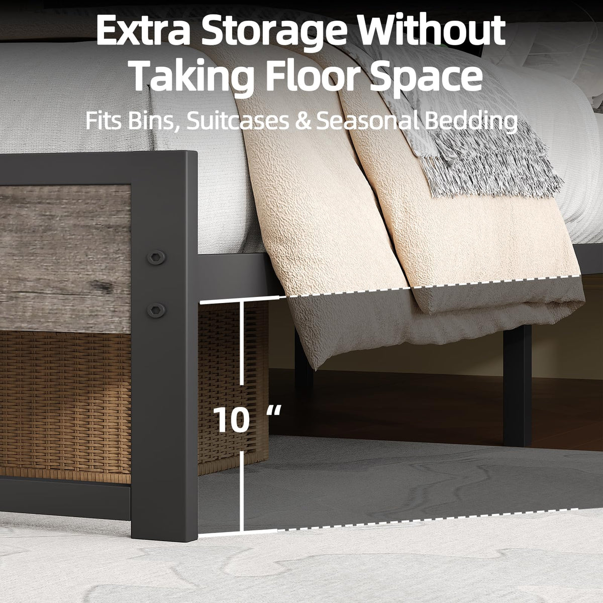 Bed Frame with LED Lights and Charging Station, Farmhouse Metal Platform Bed Frame with Storage Headboard