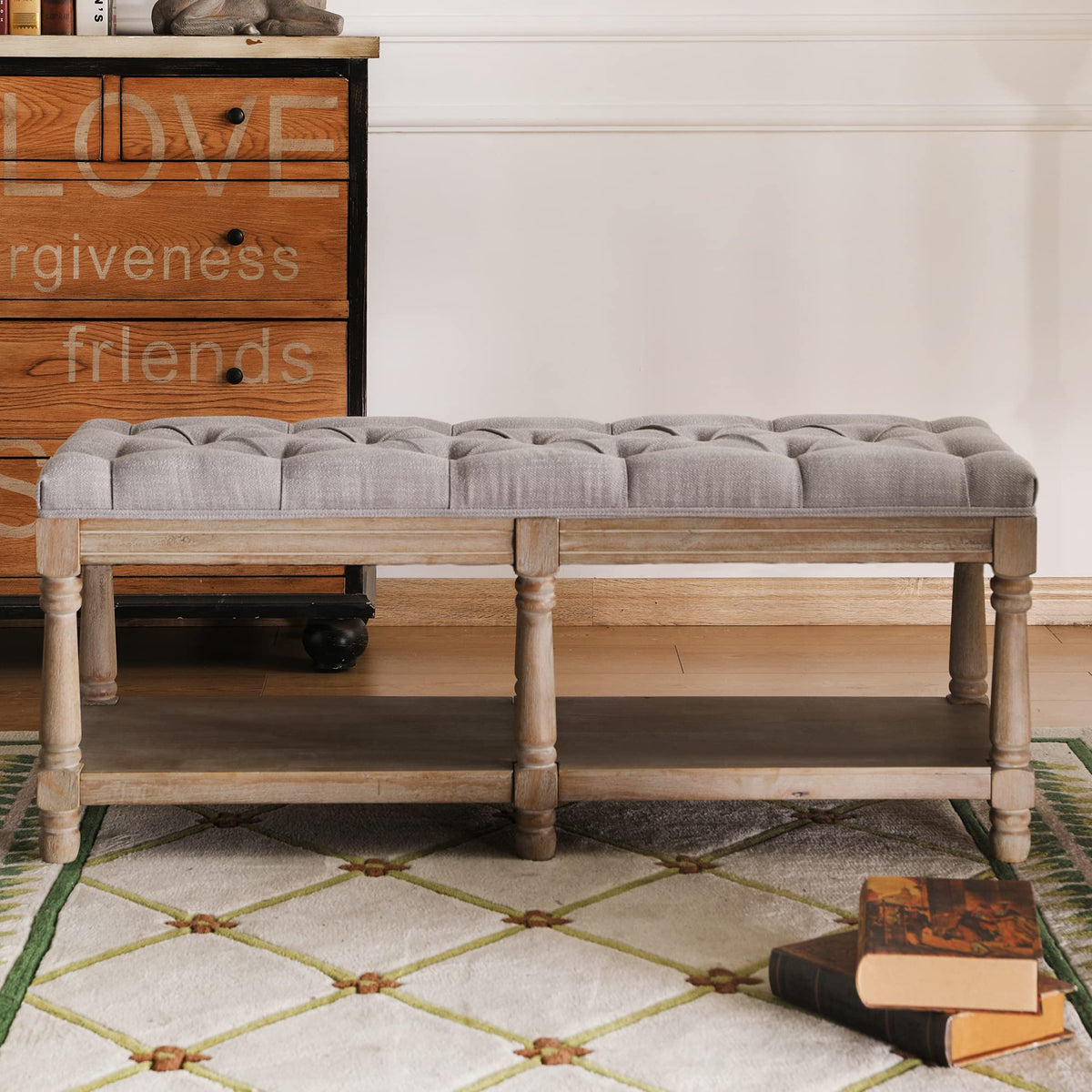 Farmhouse Storage Bench Wooden Entryway Upholstered Tufted Ottoman Bench End of Bed Hallway Organizer, Grey