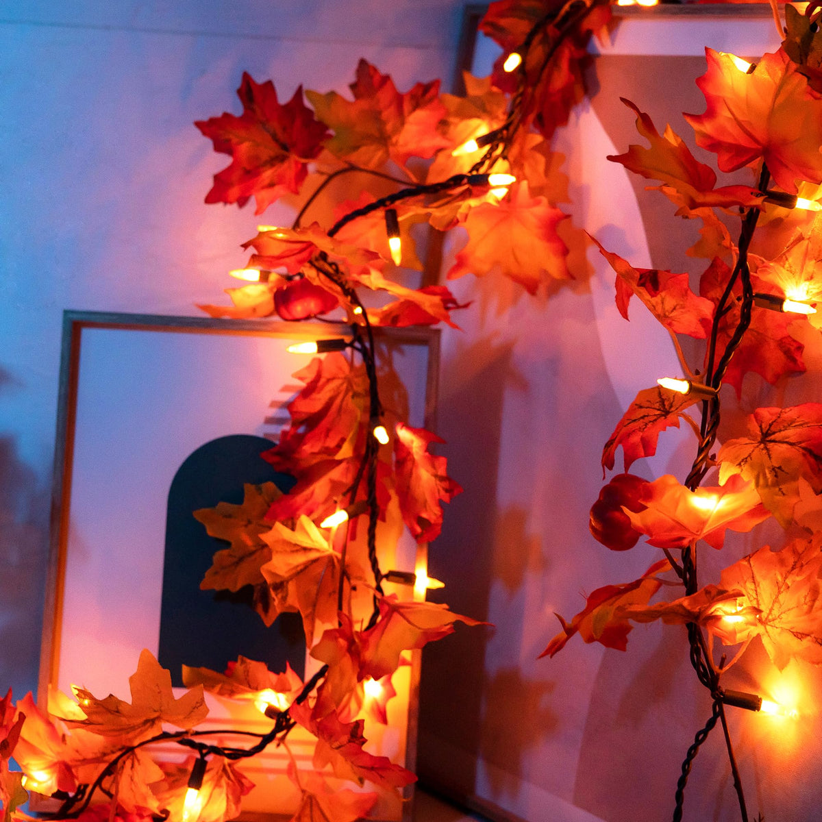 Fall Decorations - 9FT Fall Garland with Lights 50 Orange Lights