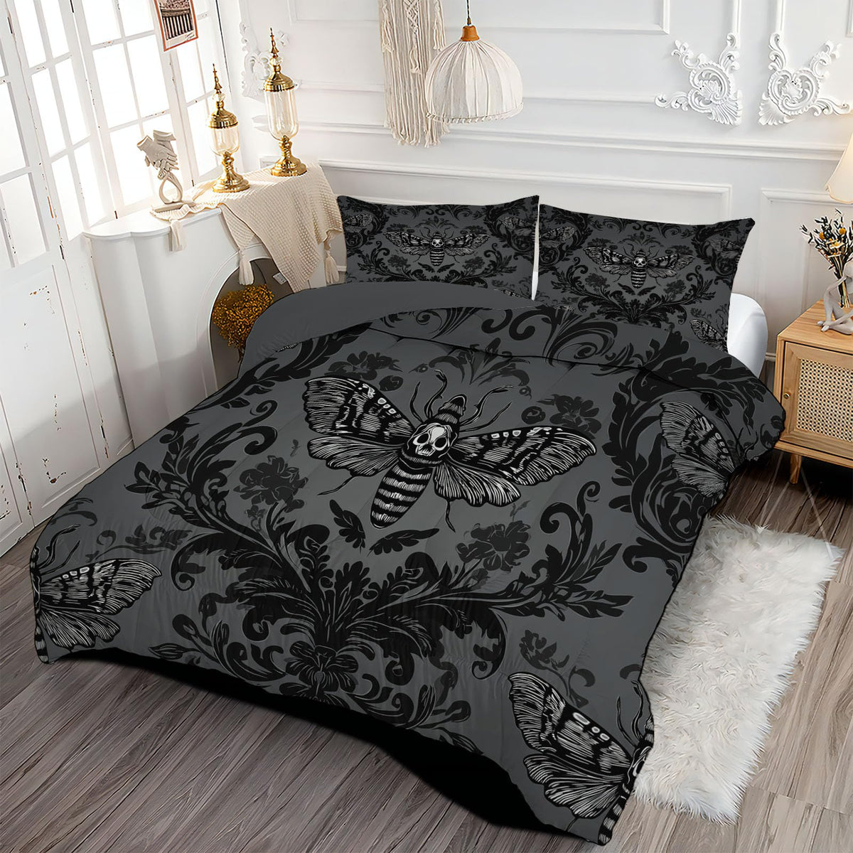 Comforter Set, 3 Pcs Fantasy Moth Comforter with Gothic Brocade Pattern, Reversible Deep Black Comforters, Soft