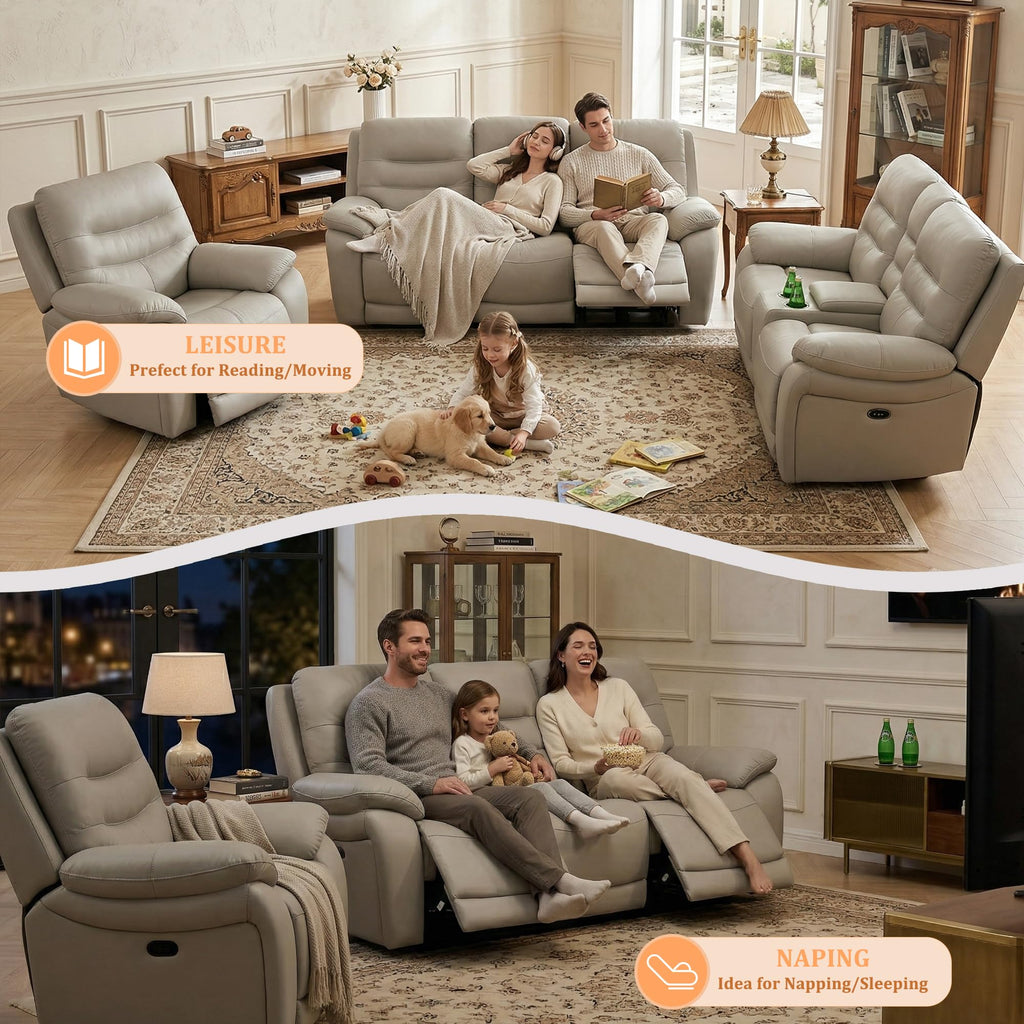 Power Reclining Sofa, 3-Seater Genuine Leather Recliner Couch