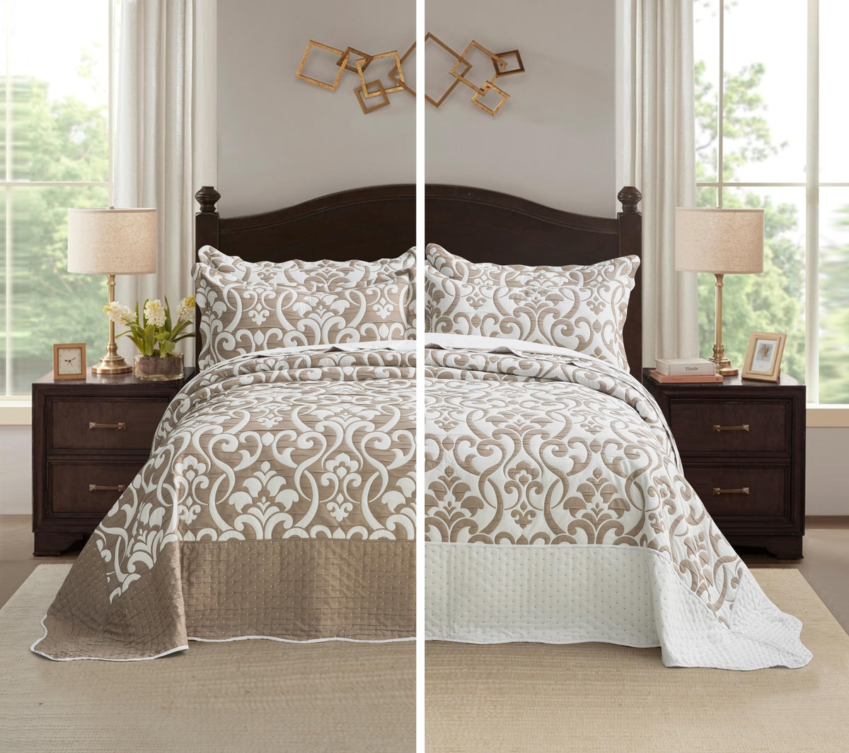 Oversized Bedspread 128x120, Jacquard Matelasse Floral Damask Design, 5-Piece Lightweight Reversible Microfiber