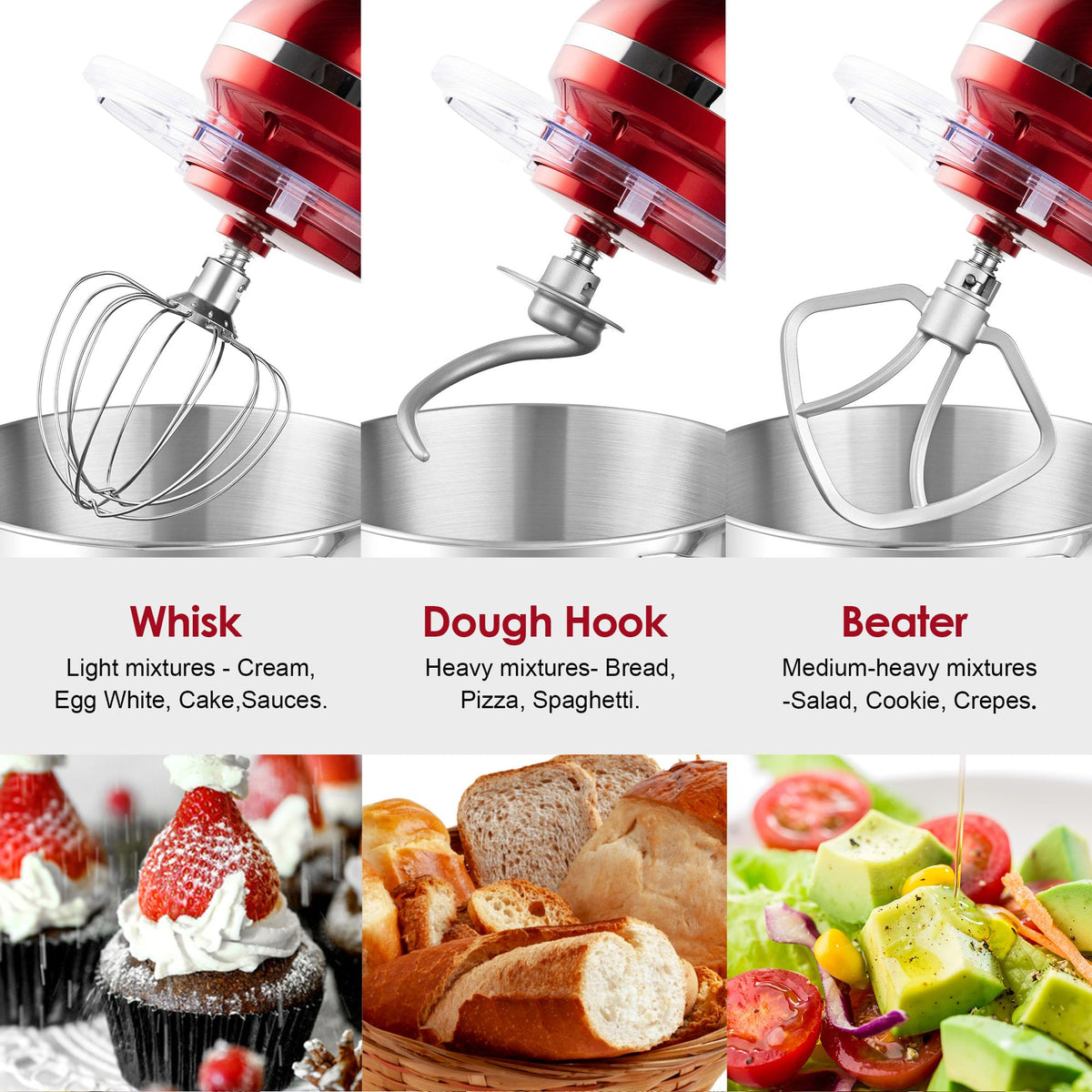 Stand Mixer,6.5-QT 660W 6-Speed Tilt-Head Food Mixer, Kitchen Electric Mixer with Dough Hook, Wire Whip & Beater