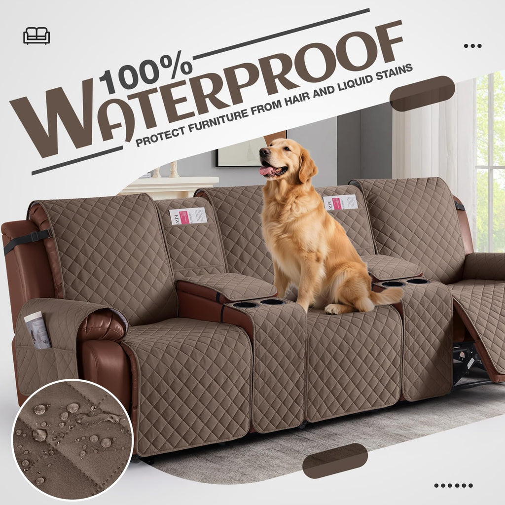 100% Waterproof Recliner Sofa Cover with Console, Brown