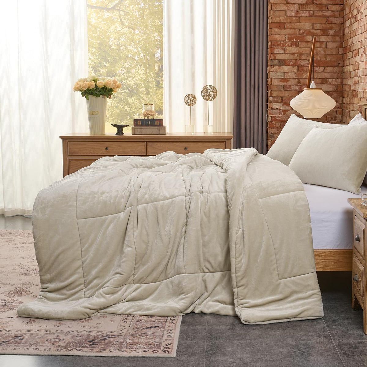 Comforter Set - Ultra Soft & Warm Velvet Khaki Comforter Set for Men Women - Cozy Fuzzy Plush Fluffy Luxury