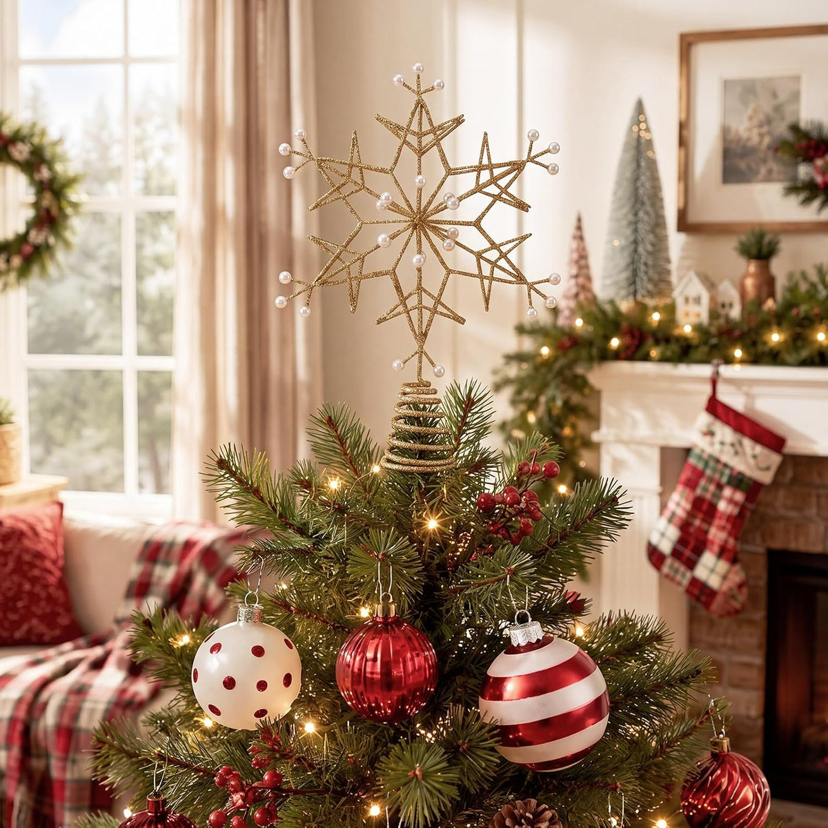 12.6 Inch Snowflake Christmas Tree Topper, Golden Glitter with Pearl