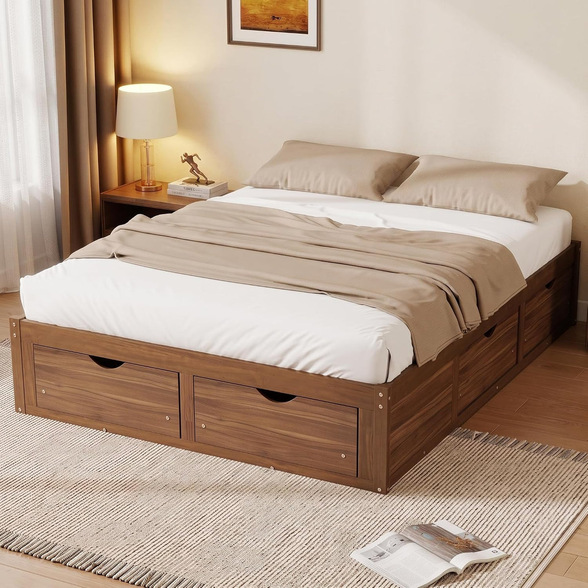 Queen Size Wood Japanese Bed Frame with 6 Storage Drawers