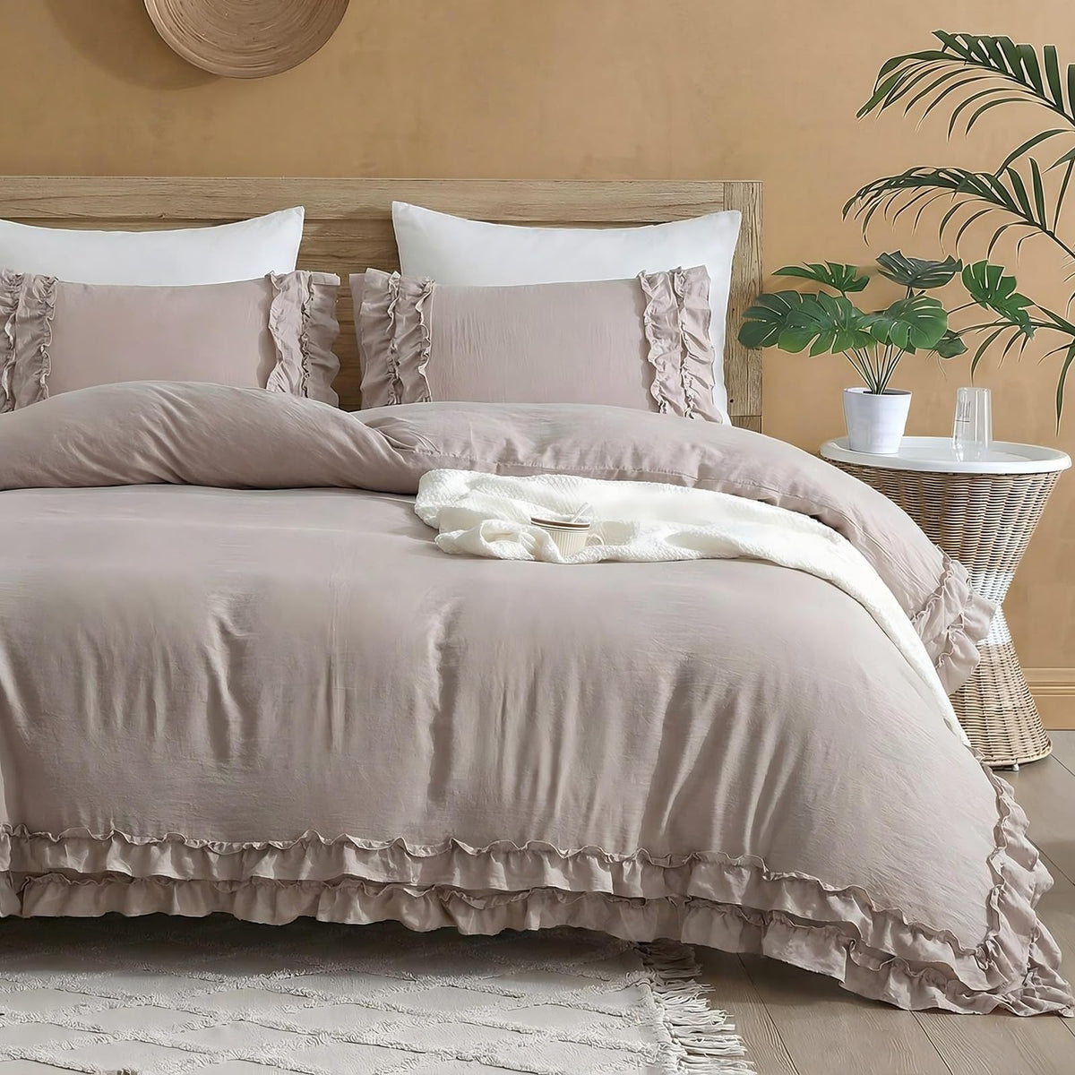 Taupe King Comforter Shabby Chic Ruffled Bedding Set Taupe Ruffle Fringe Farmhouse Bedding Super Soft Fluffy Boho