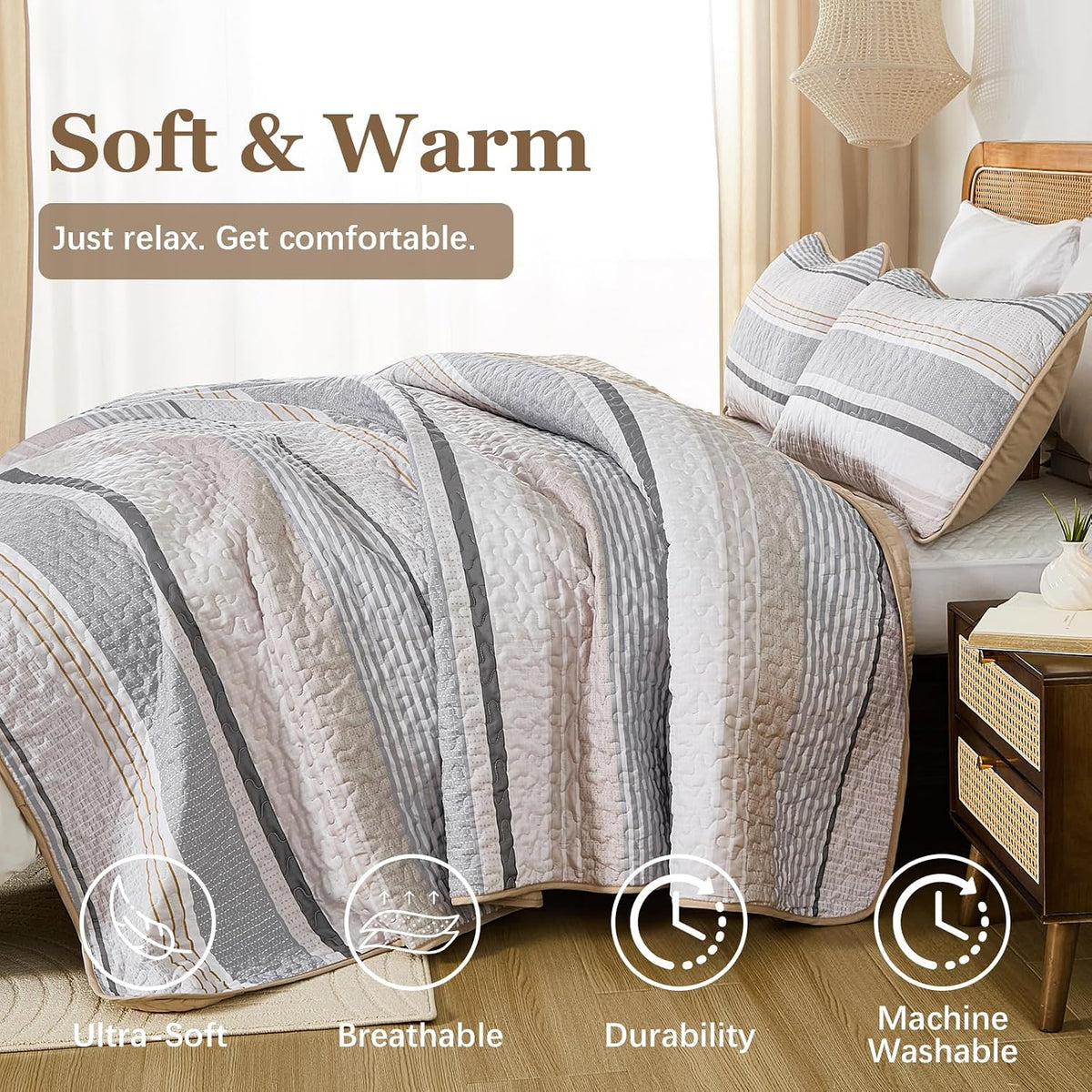 King Quilts Khaki, 3 Pieces Grey Boho Striped Bedspread Bedding for King Bed, Soft Lightweight Microfiber Bohemian