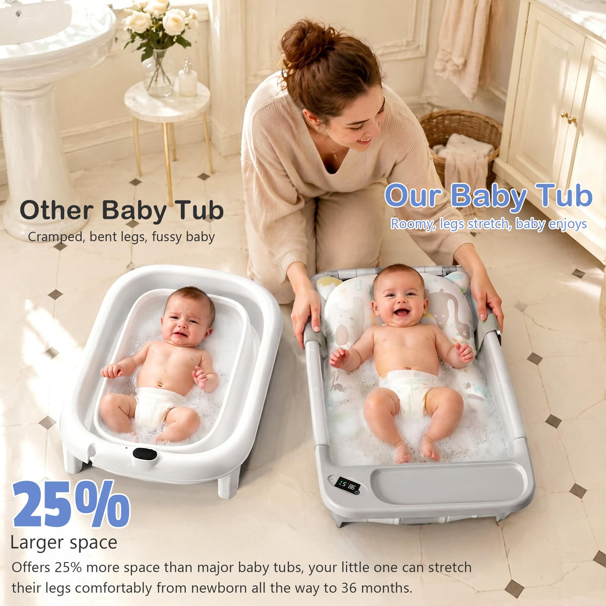 Collapsible Baby Bathtub with Stand - Clear Big Baby Bath Tub with Thermometer | Parents Spine Save Infant Baby Tub