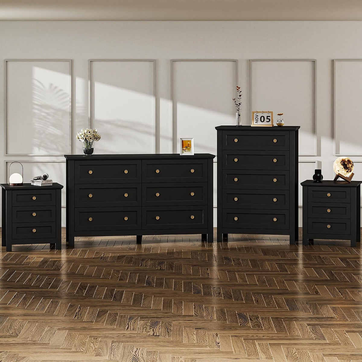 Farmhouse Dresser Nightstand Sets, 4-Piece Bedroom Furniture Set | 5/6 Drawer Dresser Closet & 3 Drawer Nightstand