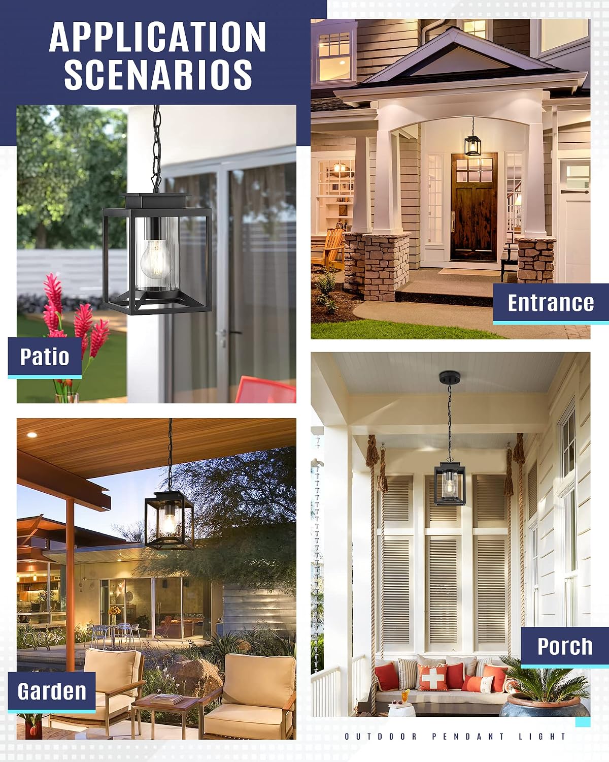Outdoor Pendant Light for Porch, 1-Light Black Hanging Porch Light Modern Exterior Hanging Lantern with Cylinder