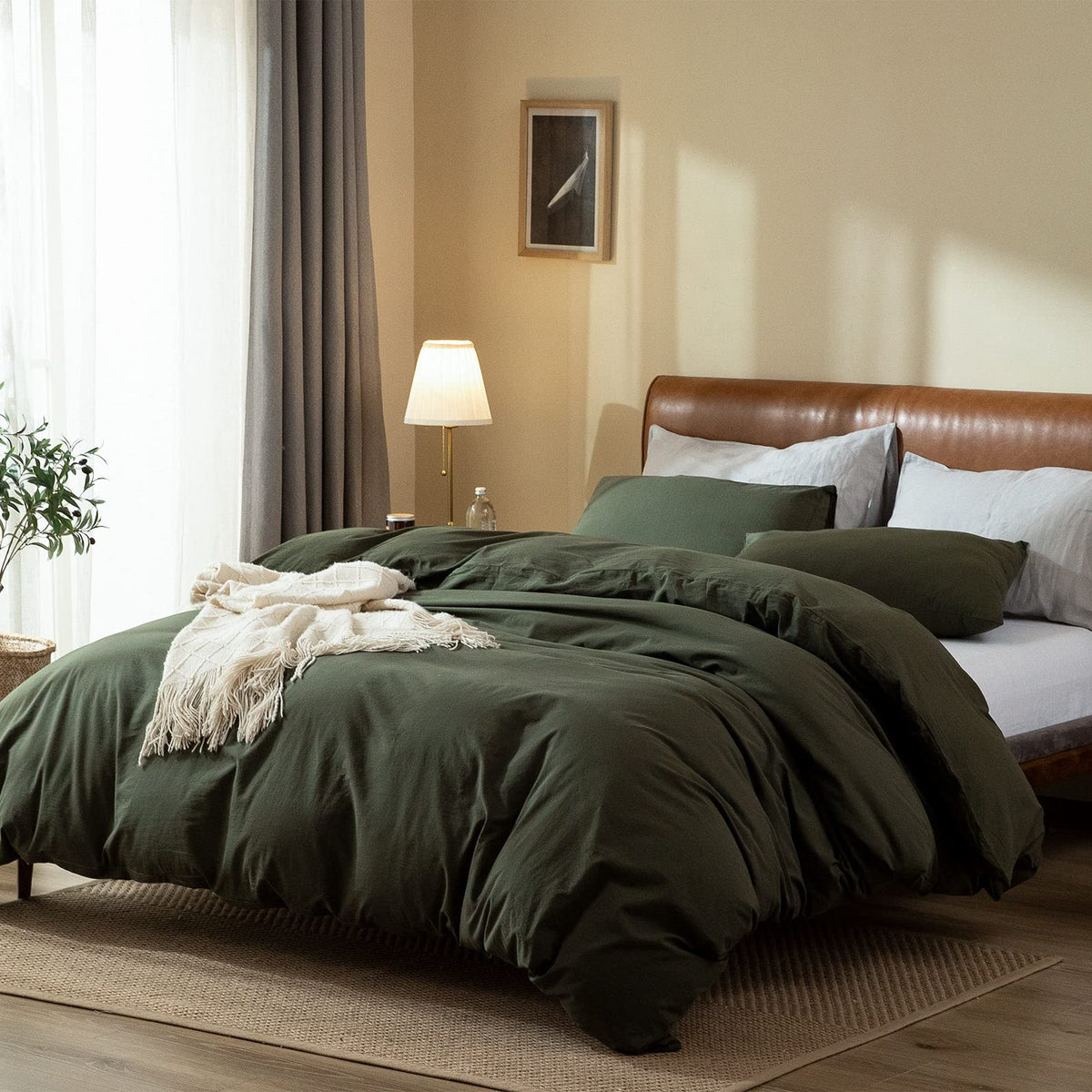 Dark Green Duvet Cover, 100% Washed Cotton Linen Like Textured Green Bedding Set, 1 Duvet Cover with 2