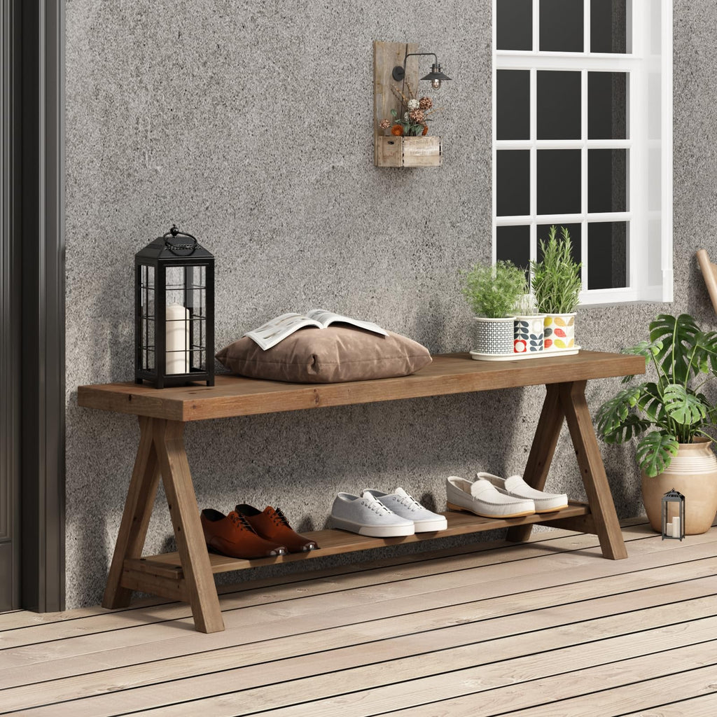 51" Solid Wood Bench, Long Farmhouse Entryway Bench with Storage