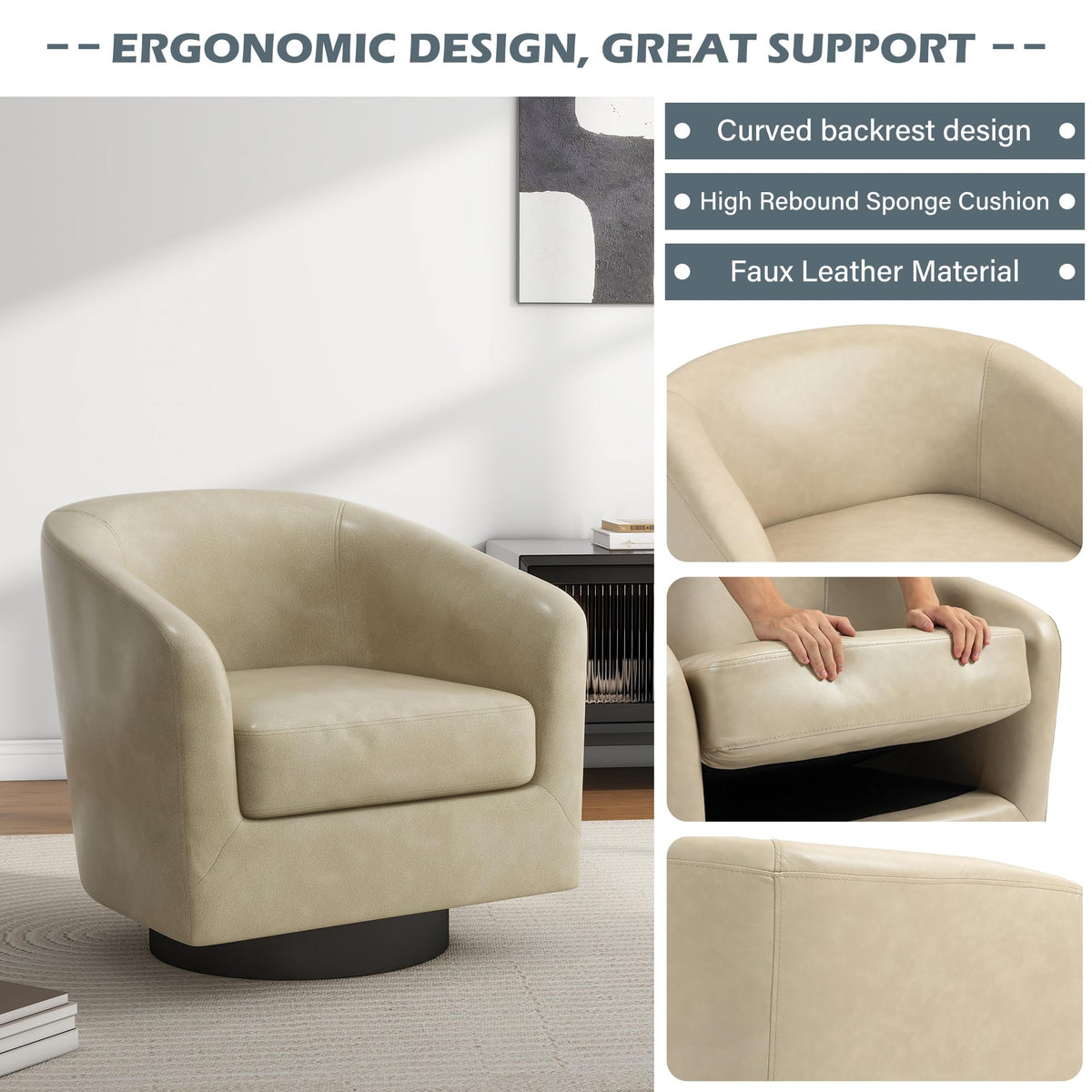 Faux Leather Swivel Accent Chairs Set of 4, Barrel Armchair, Cream