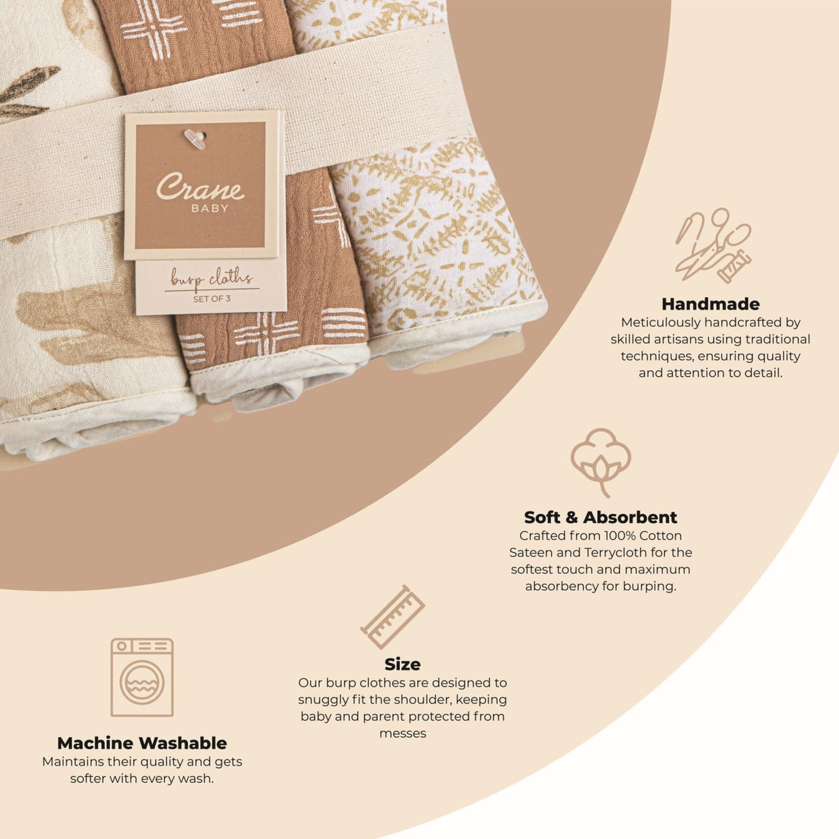 Muslin Baby Burp Cloths, Lightweight Absorbent Burp Cloth, Safari Animal, Set of 3, 7" x 20", Newborn Baby