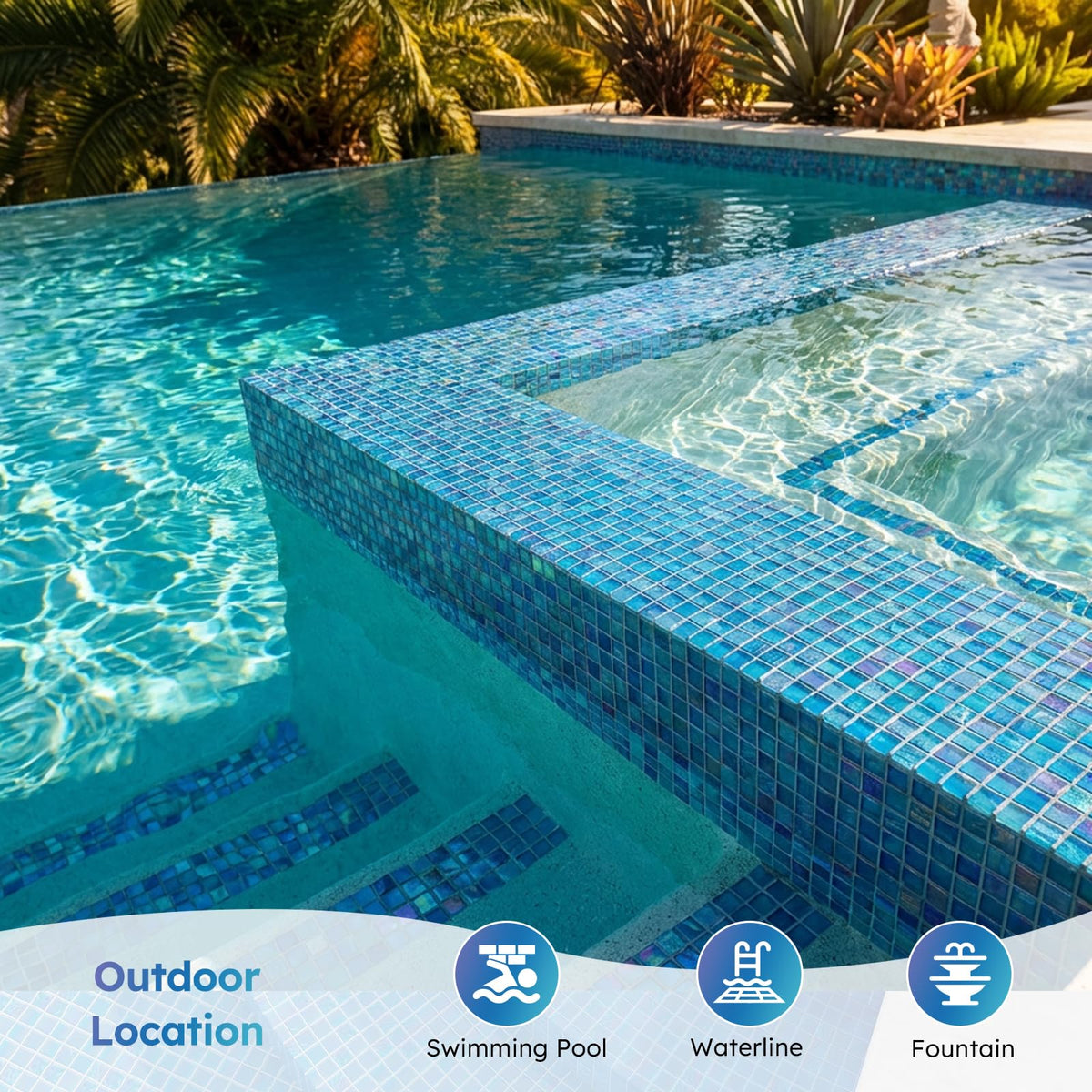 Pool Glass Mosaic Tiles, Iridescent Blue, 1 Inch Sqaure, 5 Sheets