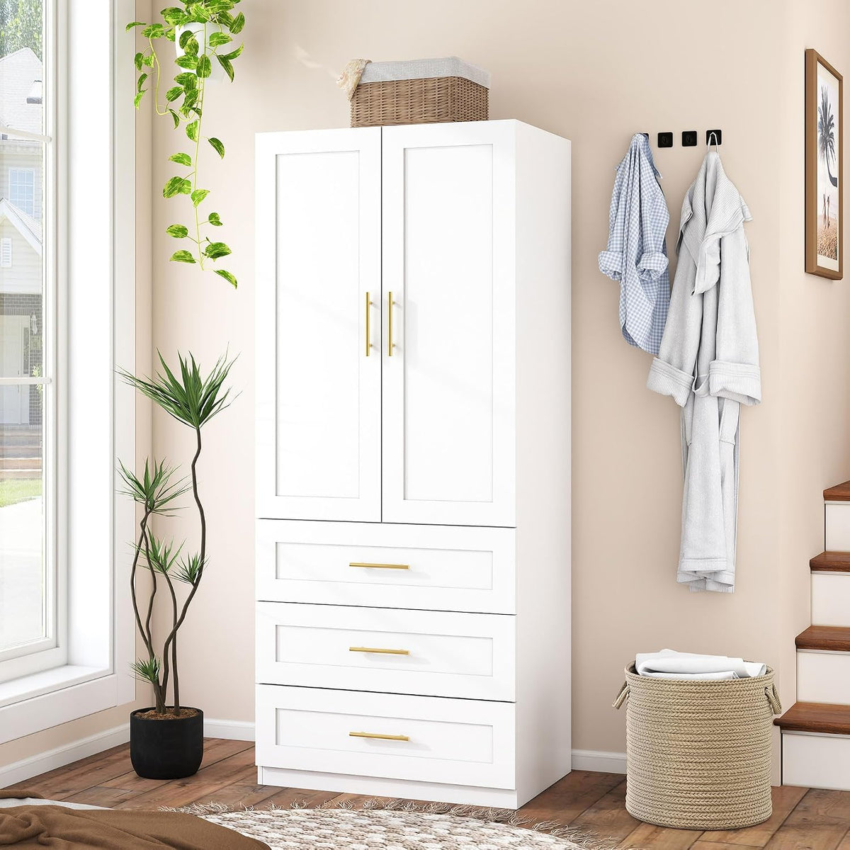 White Armoires Wardrobes Closet:Bedroom Armoire Wardrobe Closet with Hanging Rod, Modern Wardrobe Cabinet with