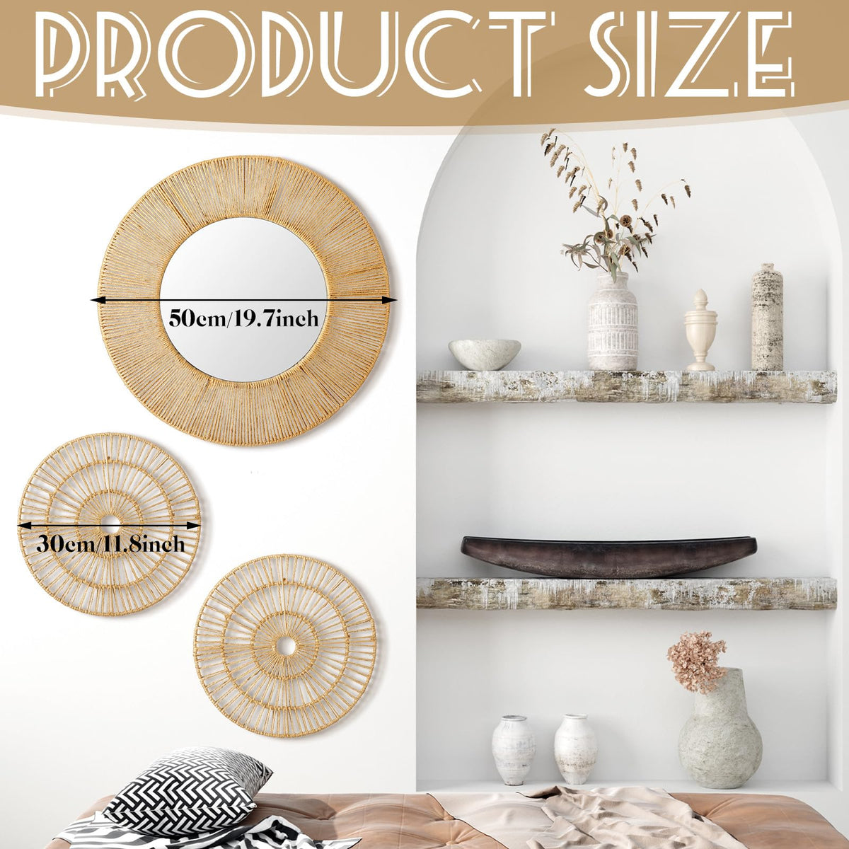 3 Pcs Boho Mirror Wall Decor, Natural Jute Woven Round Mirror, 19.7" Large Decorative Mirrors with 2 Wall Art