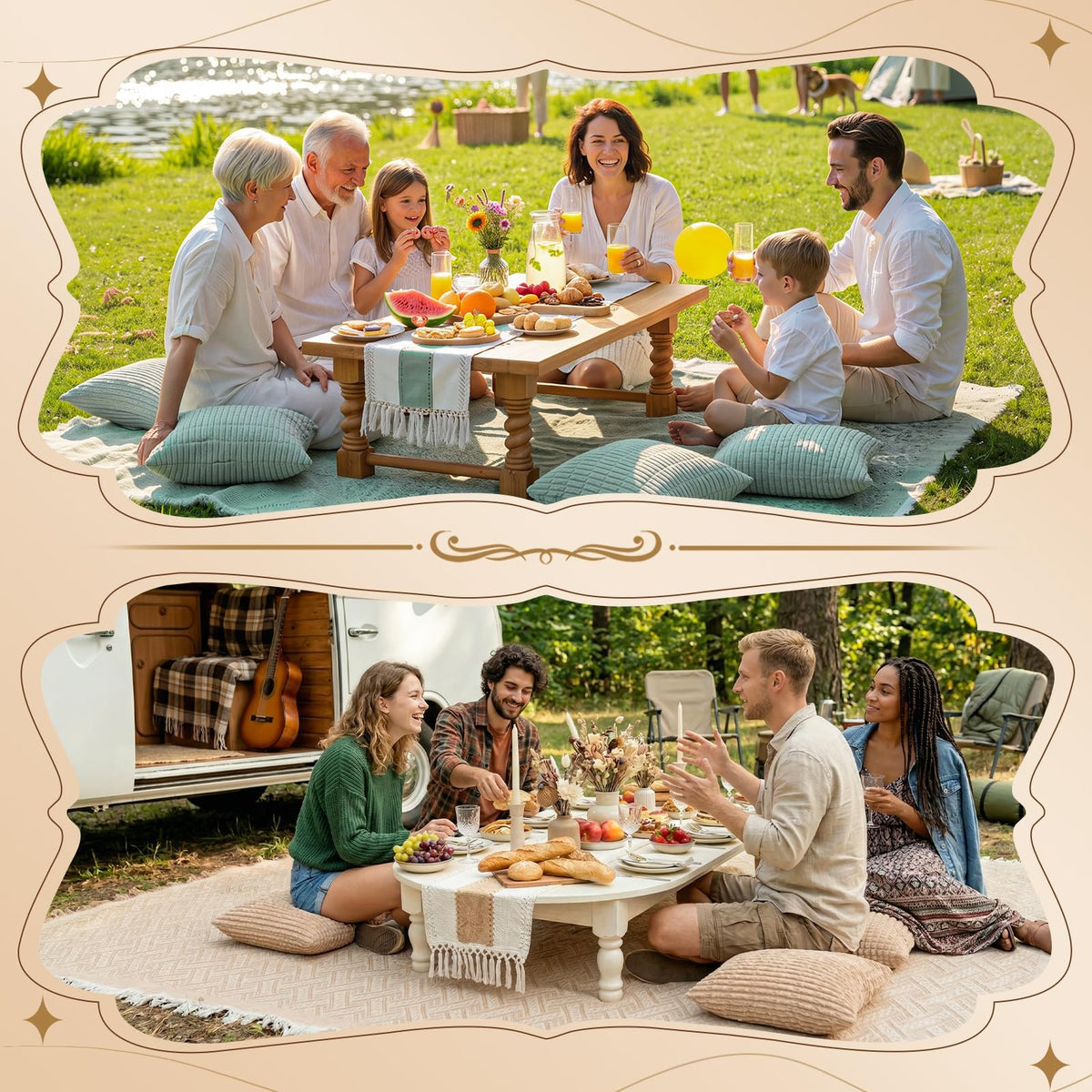 Extra Large Outdoor Rug Boho Picnic Blanket with Table Runner and 6 Throw Pillows Covers for Outdoor Essentials Beach