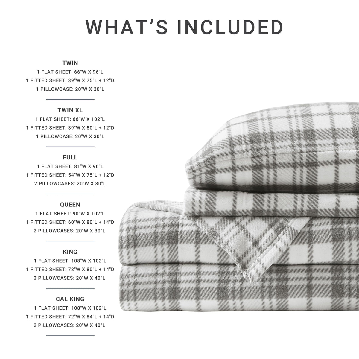 Sleep Philosophy Micro Fleece Sheets Bed Set 3 Piece, Grey Plaid