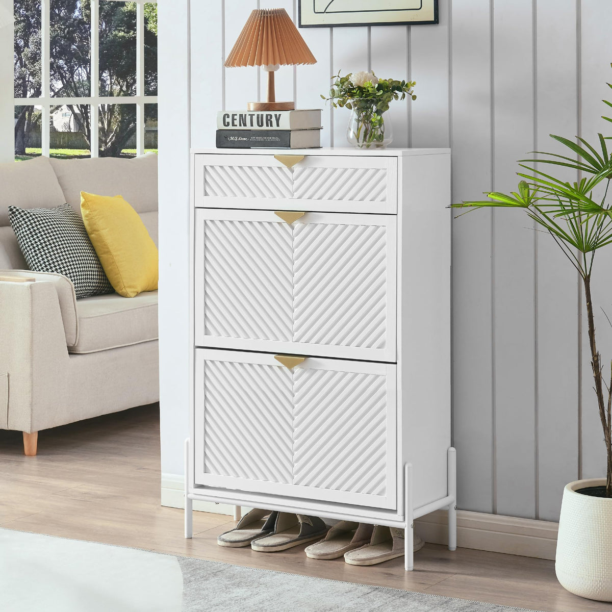 Shoe Cabinet with 2 Flip Drawers, Narrow Entryway Rack, White