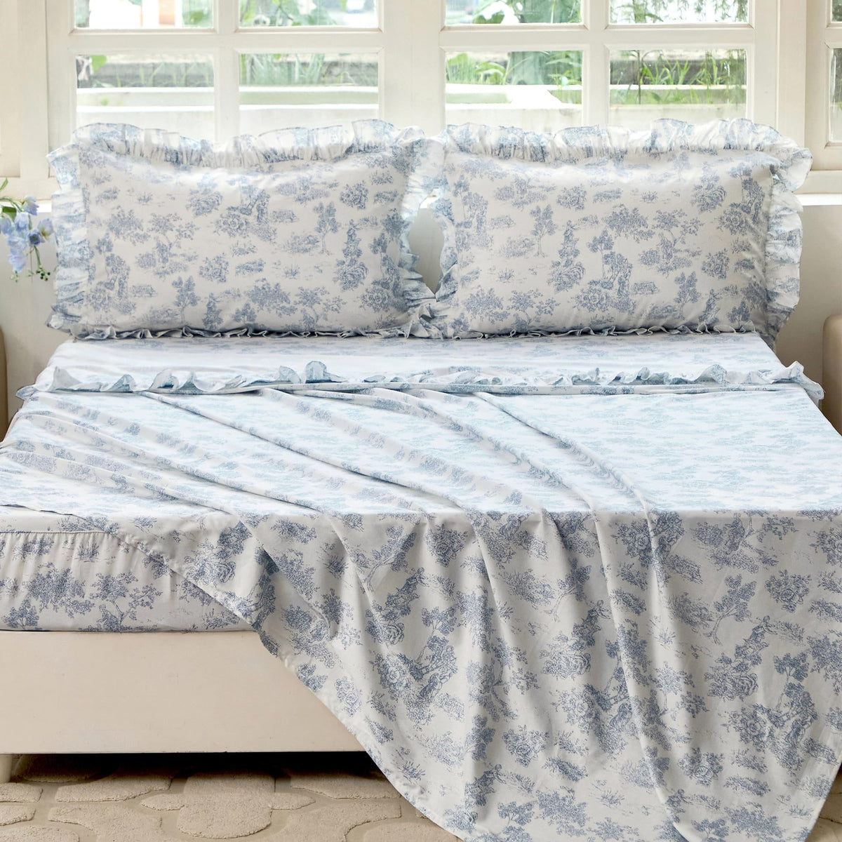 Organic Cotton Sheet Set - French Country Blue Toile de Jouy Bedding, Luxury Ruffle Edge Crisp & Cooling