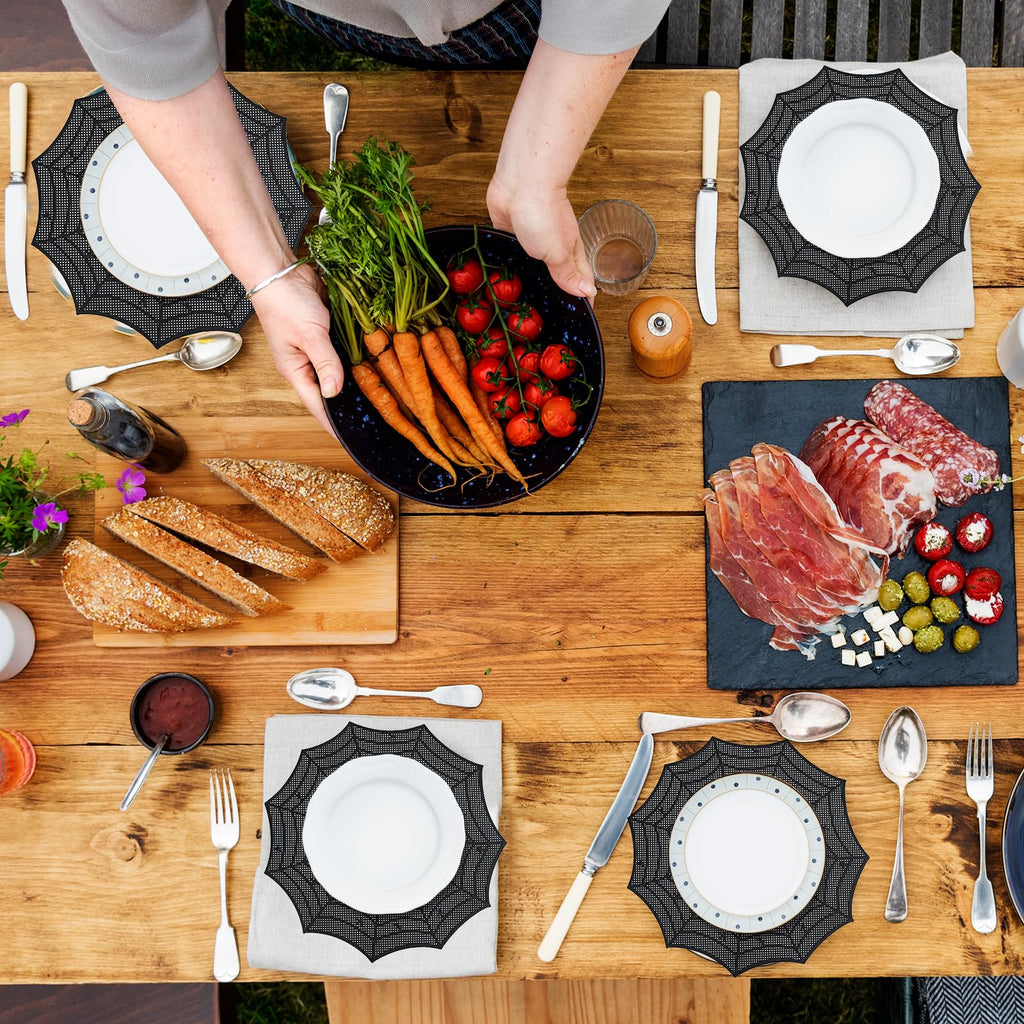 Spider Web Halloween Placemats Set of 8,Black Web Round Table Mats Heat-Resistant for for Dining Table Party