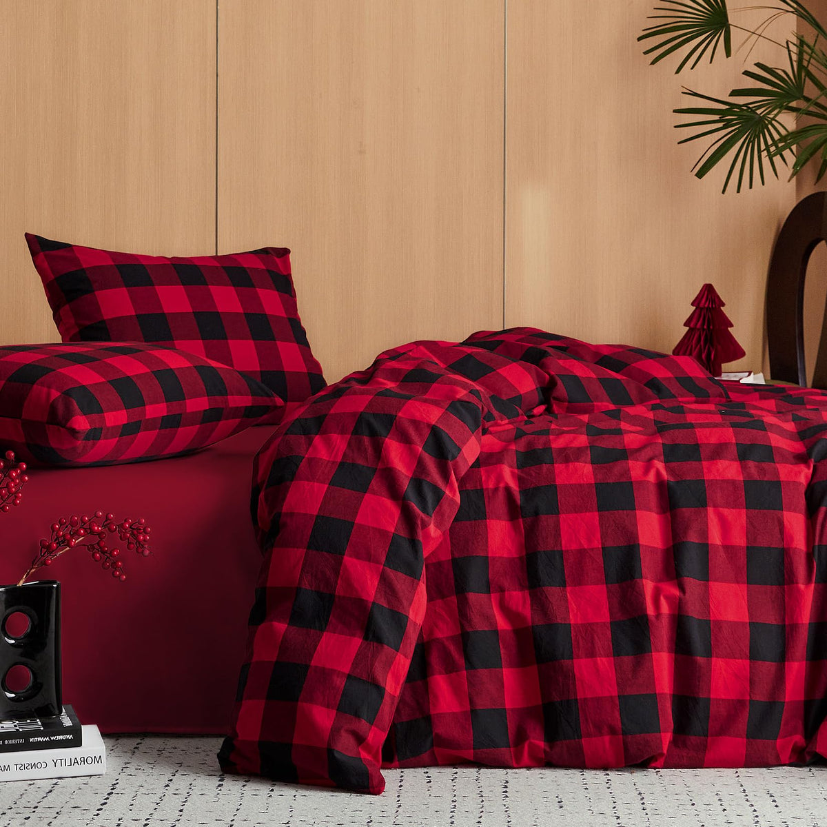 Gingham Cotton Duvet Cover Set, Plaid Buffalo Check Checkered Farmhouse, 100% Washed Cotton Textured Bedding Set, 3
