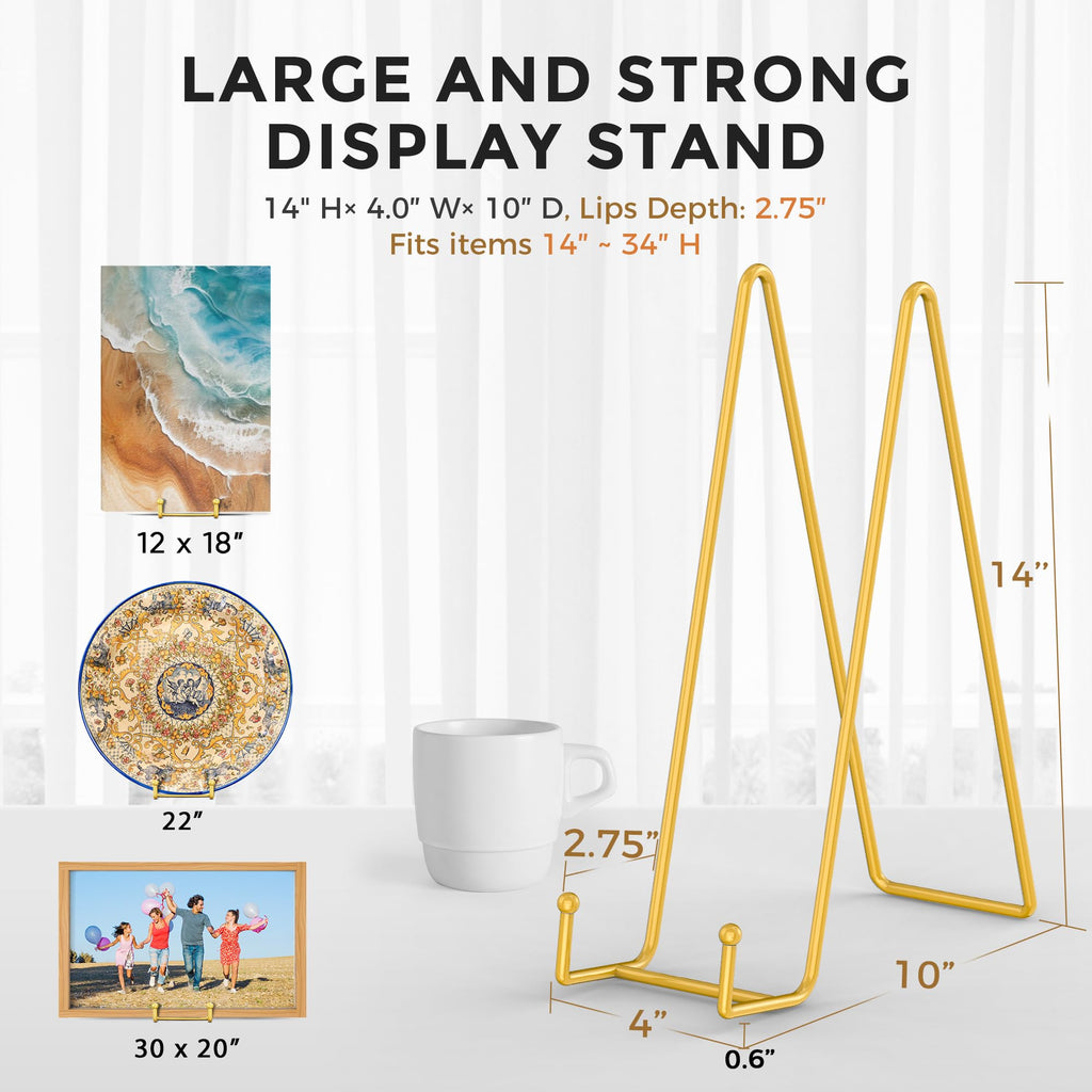 14 Inch Gold Metal Plate Stand (2 Pack) - Heavy Duty Display Easel for Large Plates, Frames, Platters and Art