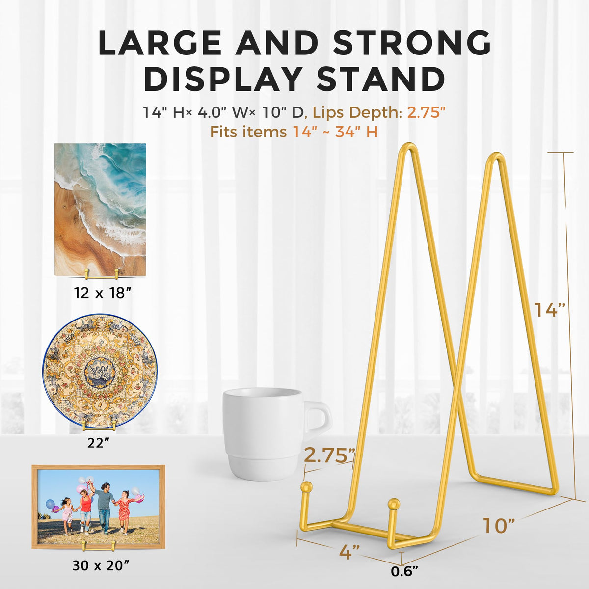 14 Inch Gold Metal Plate Stand (2 Pack) - Heavy Duty Display Easel for Large Plates, Frames, Platters and Art