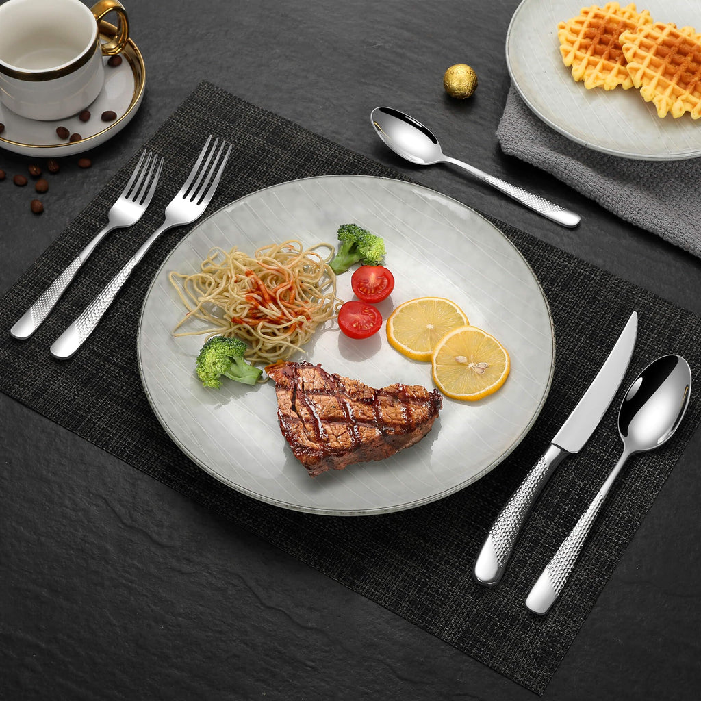 Hammered 30 Pieces Set Silverware Set for 6 with Serrated Forging Knives,18/10 Stainless Steel Modern Flatware