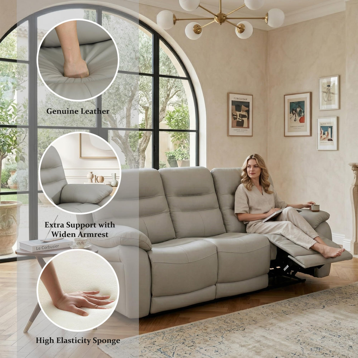 Power Reclining Sofa, 3-Seater Genuine Leather Recliner Couch