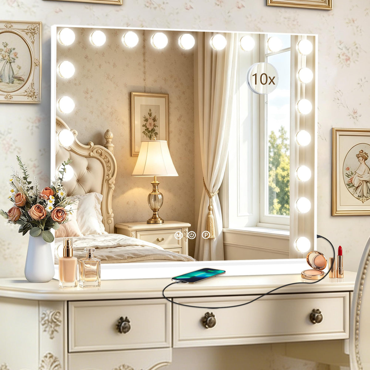Hollywood Vanity Mirror with Lights, 21 Dimmable Bulbs, 3 Color Lights,Make Up Lighted Mirror, Aluminum Metal Frame