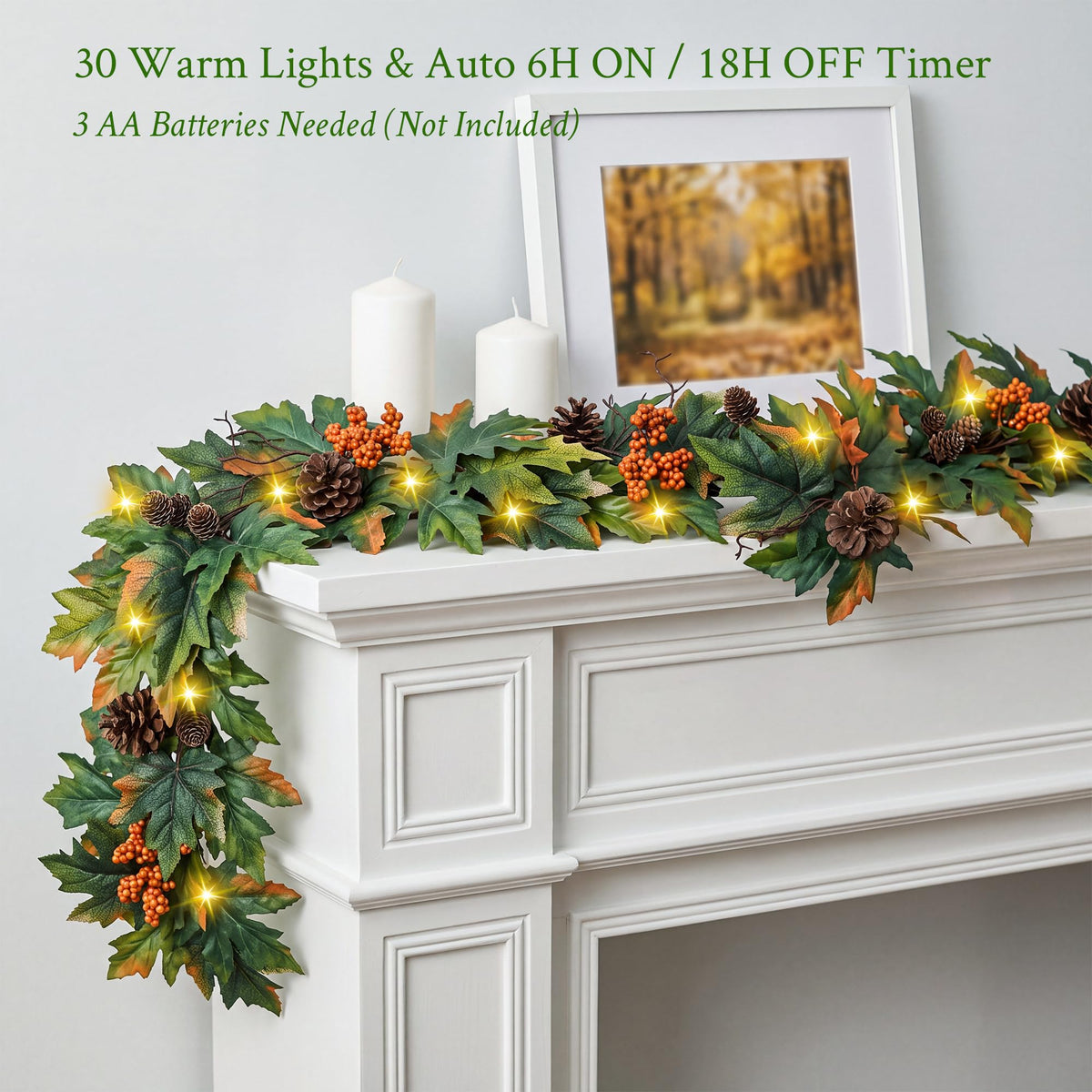 6ft Lighted Fall Garland with 30 Lights & Automatic Timer & Maple Leaves