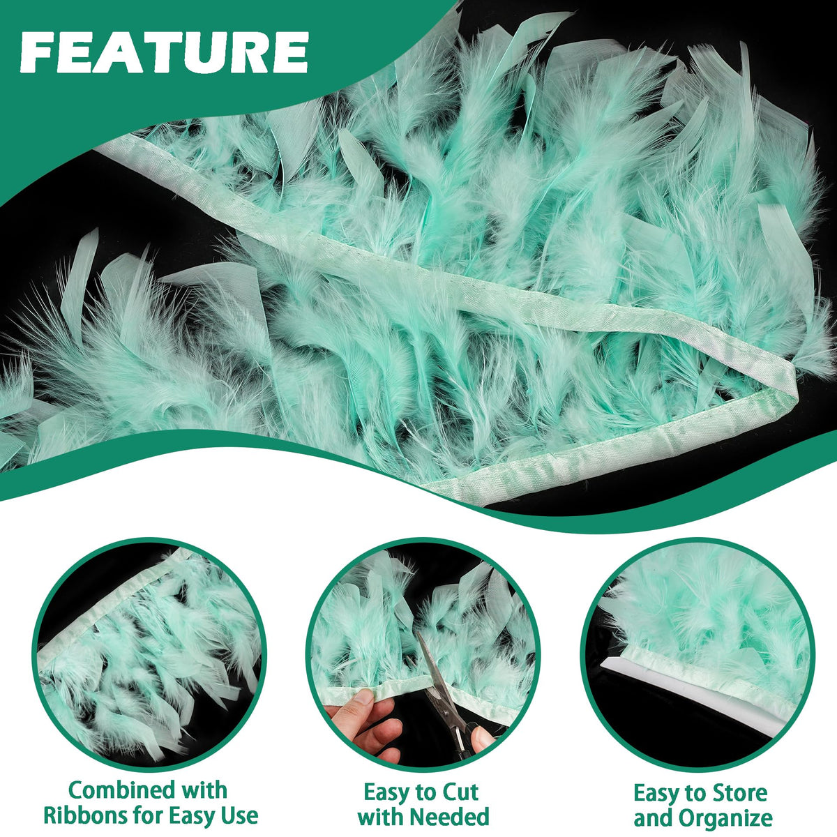 Natural Turkey Feather Trim Fringe 5.46 Yards 4-6 Inch Mint Green for DIY