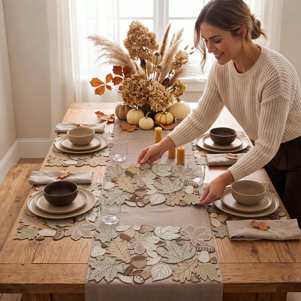 Fall Placemats Set of 6, Embroidered Maple Leaf Table Mats, 11 x 17 Inch