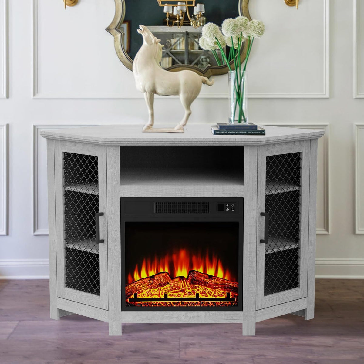 47 Inch Corner Fireplace TV Stand for TVs up to 55 Inches, Rustic Media Entertainment Center with 18 Inch Electric Fireplace and Adjustable Shelves, Grey