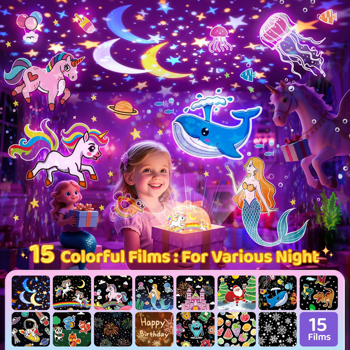 Unicorn Toys for Girls Gifts, 15 Films+15 Lullaby Sound Machine for Kids Night Light Projector, Remote+Rechargeable