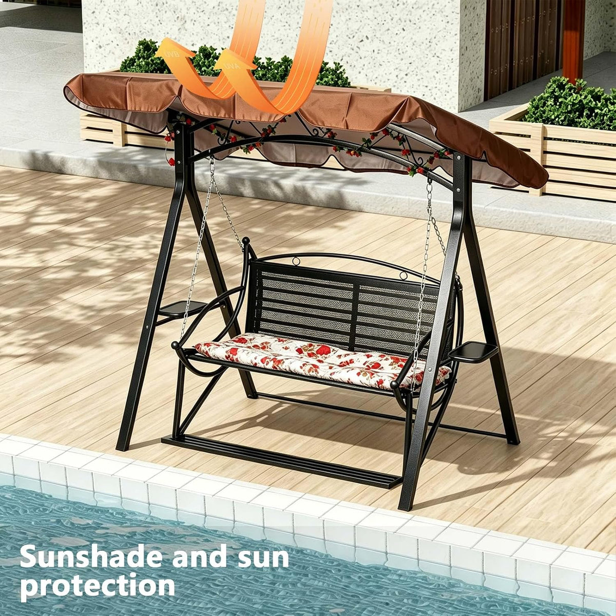 Upgraded Patio Swing with Canopy & A‐Frame Stand - Heavy Duty Outdoor Swing for Adults, Wicker Porch Swing Chair with