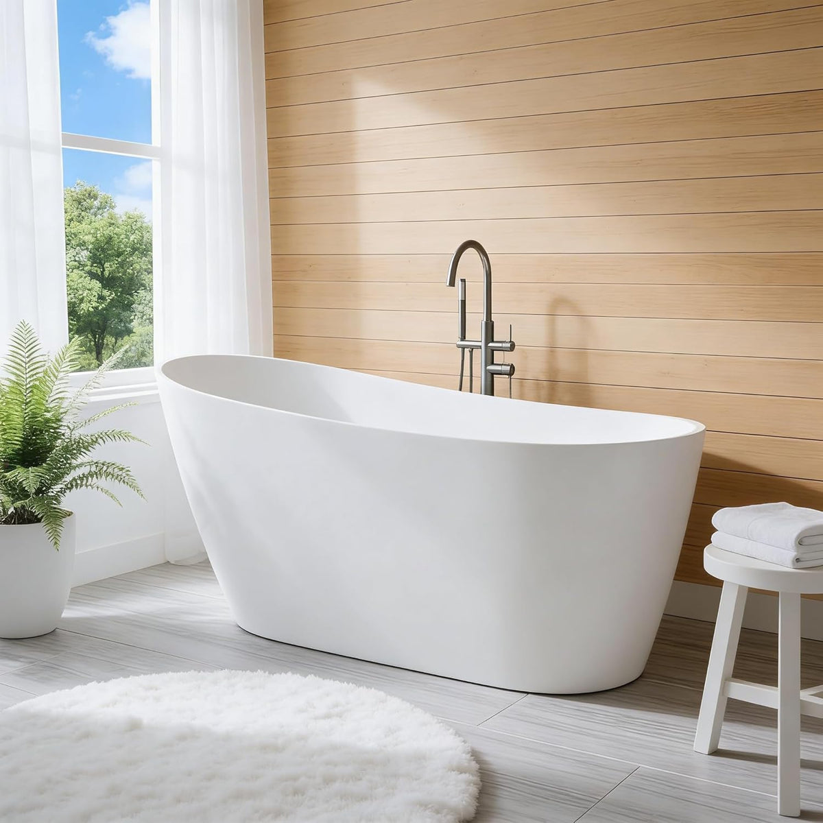 67" Freestanding Bathtub, Black Exterior White Interior Acrylic Stand Alone Soaking Tub, Modern Oval Bath with Ergonomic Design and Chrome Drain for Bathroom Remodel and Home Spa
