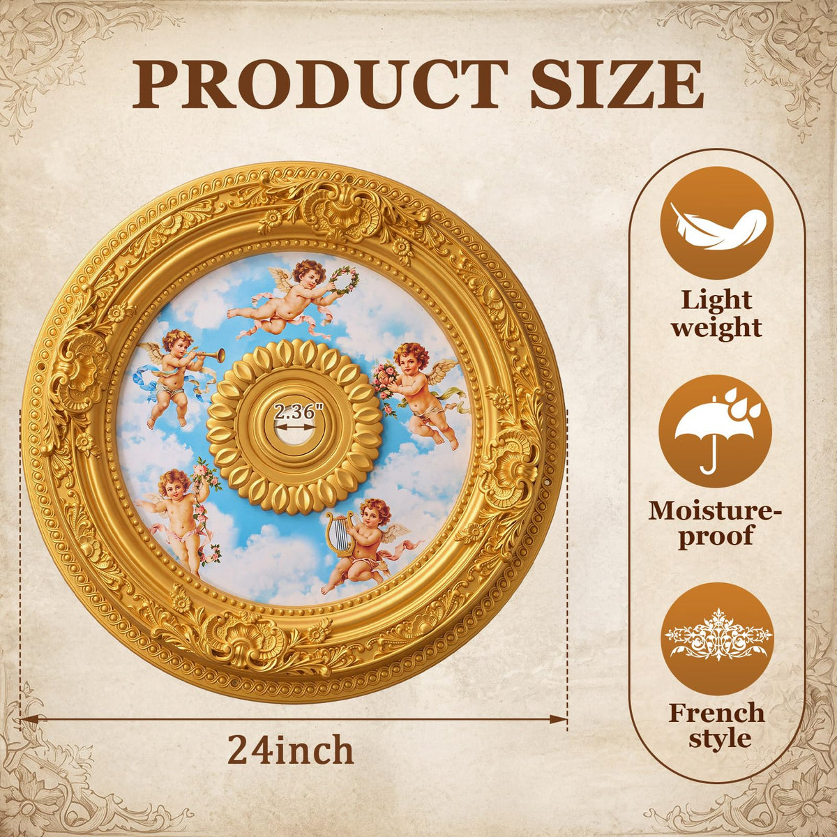 24" OD X 2.36" ID Gold Ceiling Medallion, Round Cherubs Sky